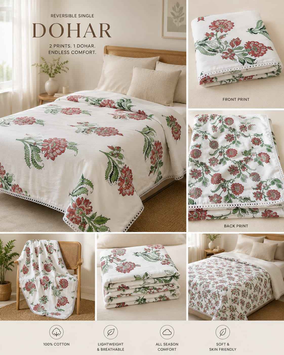 Ruby Mughal Floral Handblock Reversible Dohar - Dohar - ChapaSsyahii