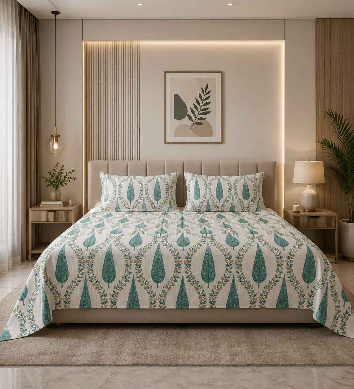 Sage Leaf Elegance – Cream, Sage Teal & Soft Gold - Bedsheets - ChapaSsyahii