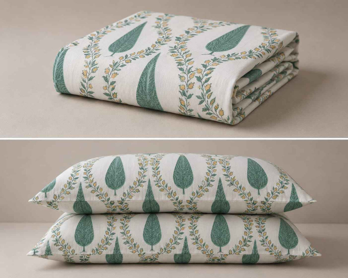 Sage Leaf Elegance – Cream, Sage Teal & Soft Gold - Bedsheets - ChapaSsyahii