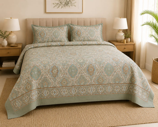 Sage Mint Ethnic Cotton King Size Bedsheet – Handblock Inspired Print | Premium Bedding - Bedsheet Set - ChapaSsyahii