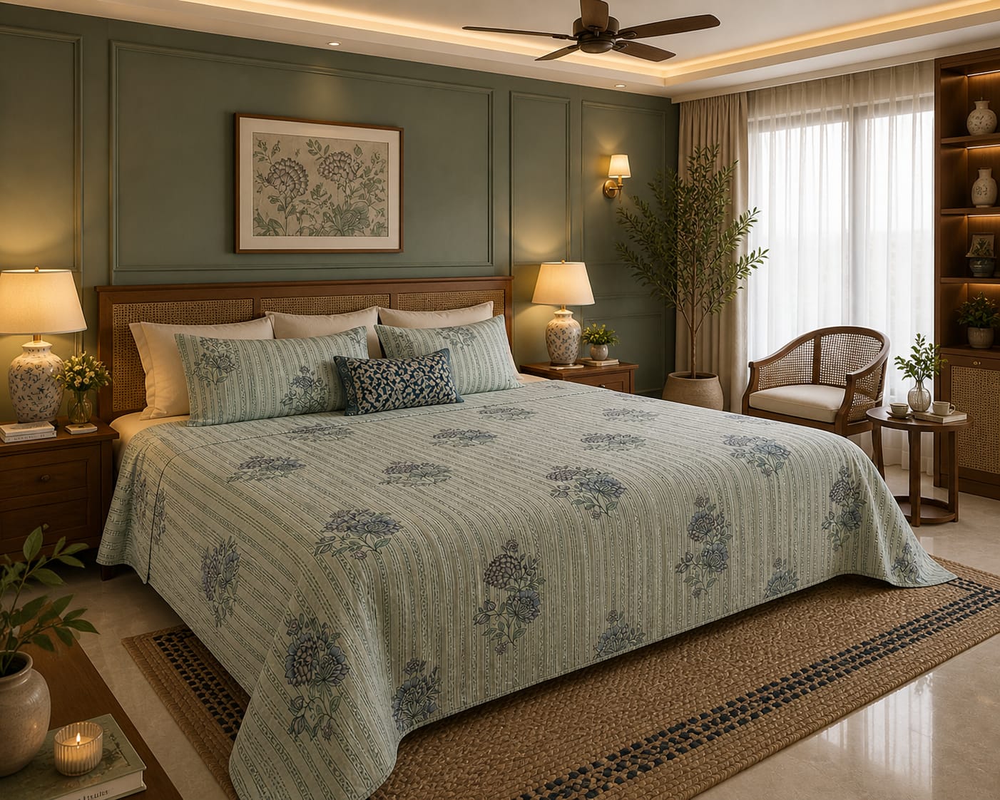 Sage Stripe Floral Premium Cotton King Bedsheet Set - Bedsheet - ChapaSsyahii