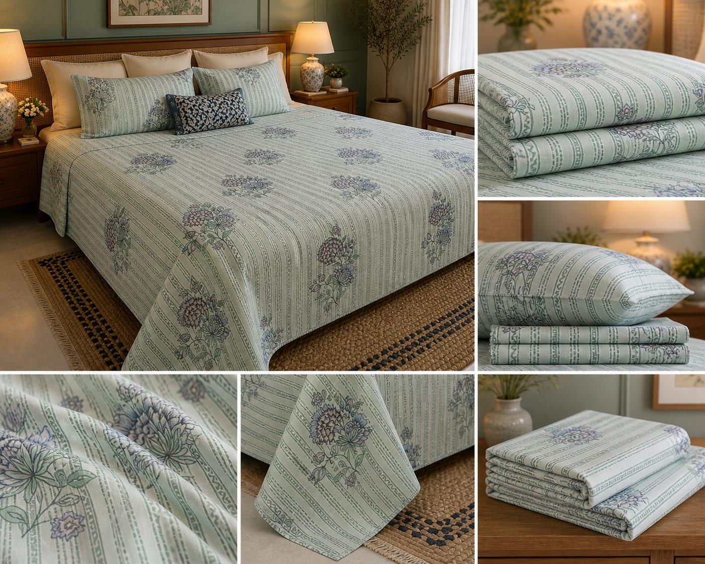 Sage Stripe Floral Premium Cotton King Bedsheet Set - Bedsheet - ChapaSsyahii