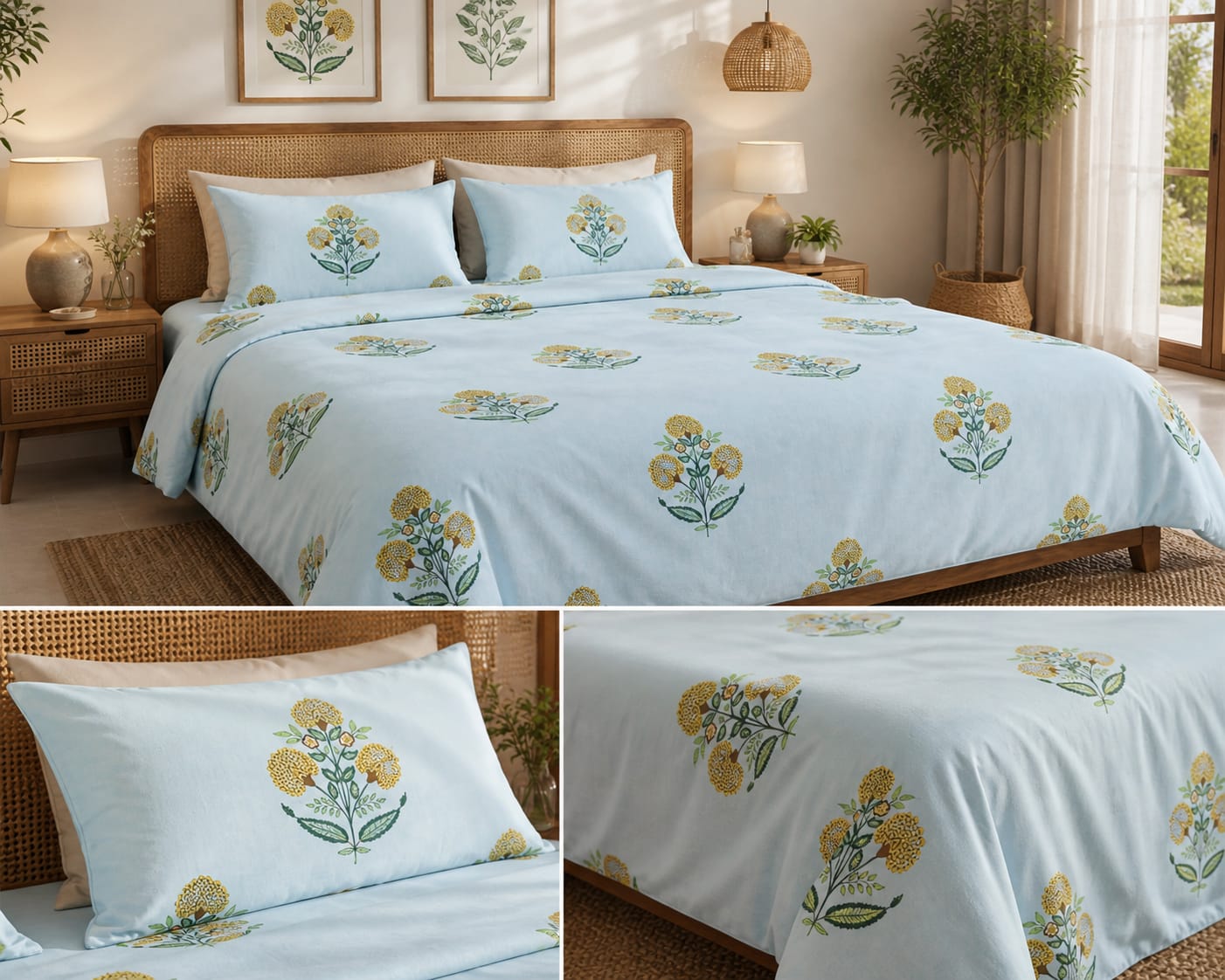 Sky Blue Bloom Botanical Premium Cotton King Bedsheet Set - Bedsheet - ChapaSsyahii