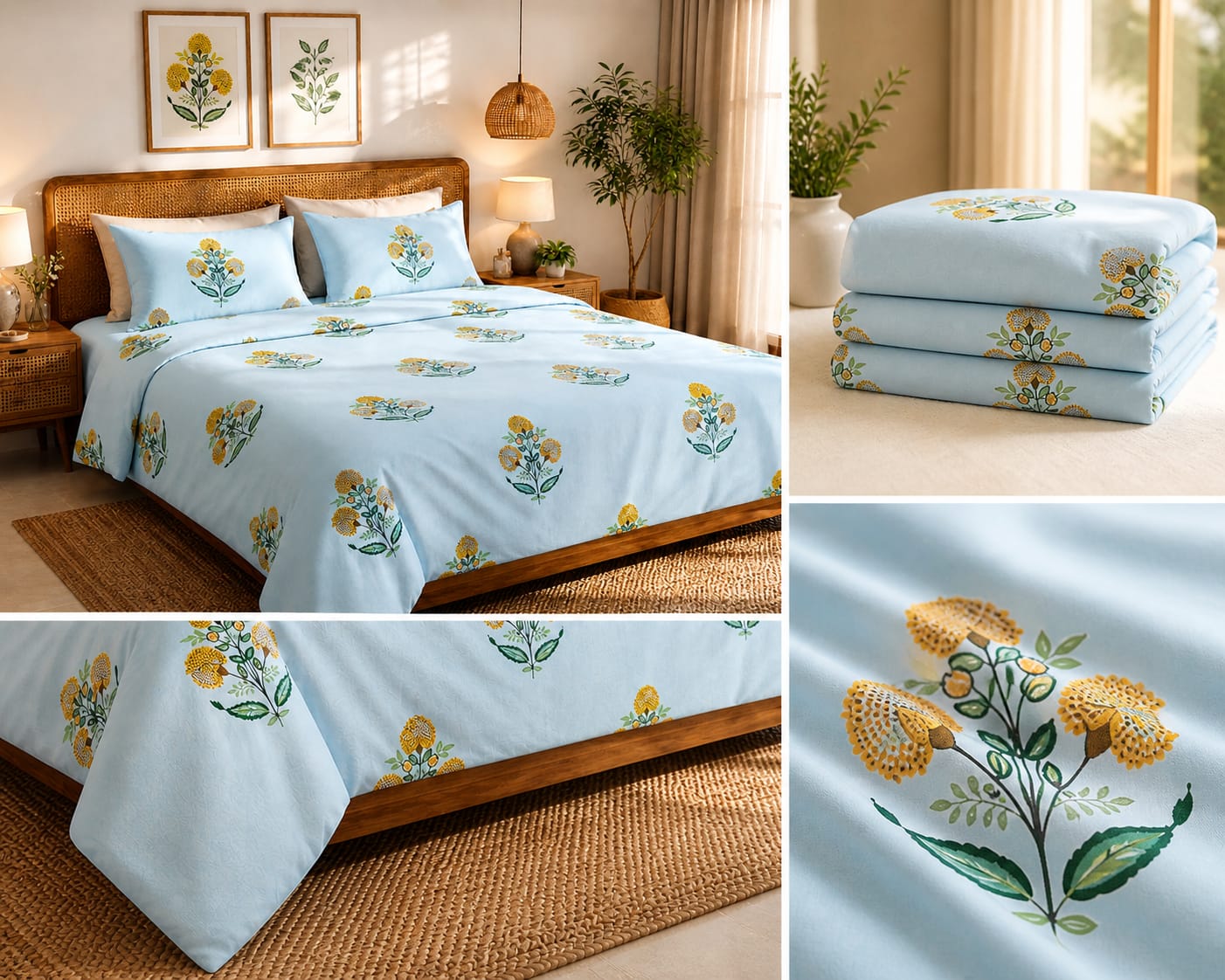 Sky Blue Bloom Botanical Premium Cotton King Bedsheet Set - Bedsheet - ChapaSsyahii