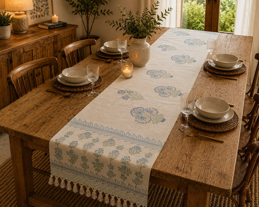 Sky Blue Floral Vine Hand Block Jute Table Runner - Table Runner - ChapaSsyahii