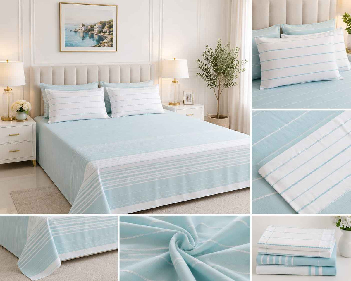 Sky Blue & White Stripe Premium Handloom Bedsheet Set - Bedsheet Set - ChapaSsyahii