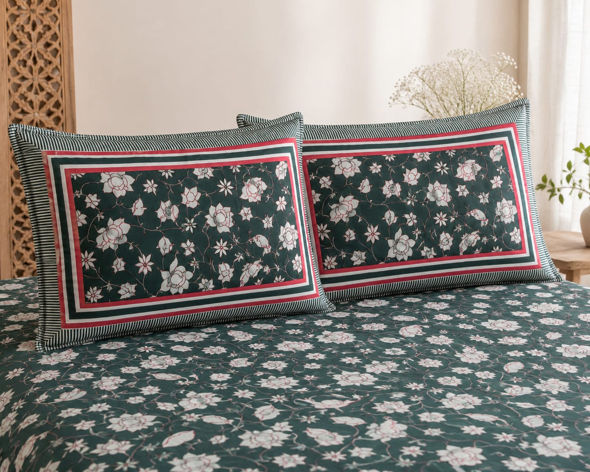 Teal Green Floral Cotton King Size Bedsheet Set with 2 Pillow Covers | 100% Cotton | 225x275 cm | ChapaSSyahii - Bedsheet Set - ChapaSsyahii