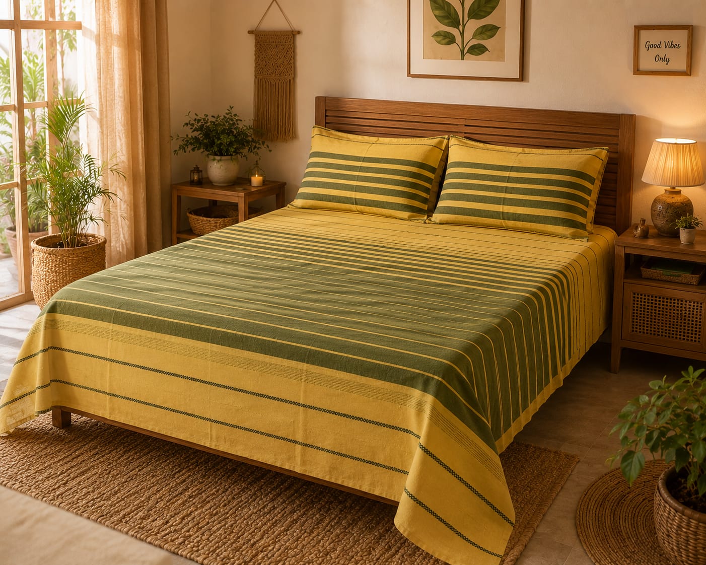 Teal Green & Mustard Stripe Handloom Bedsheet Set - Bedsheet Set - ChapaSsyahii