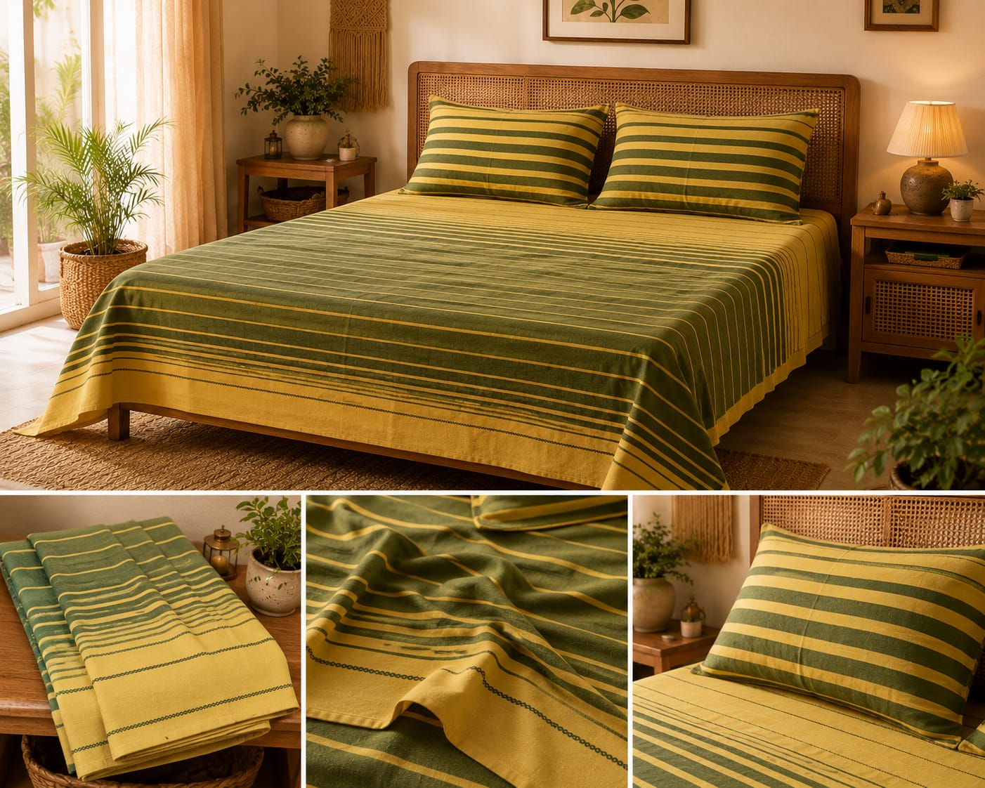 Teal Green & Mustard Stripe Handloom Bedsheet Set - Bedsheet Set - ChapaSsyahii