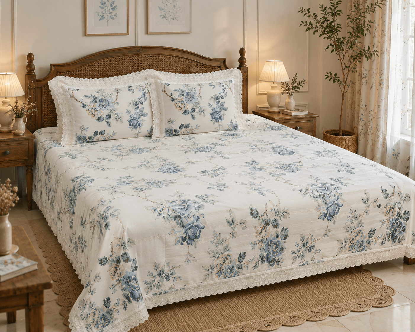 Wedgwood Blue Garden - Cotton King Size Bedsheet - ChapaSSyahii - King Size Bedsheet - ChapaSsyahii