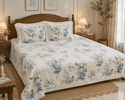 Wedgwood Blue Garden - Cotton King Size Bedsheet - ChapaSSyahii - King Size Bedsheet - ChapaSsyahii
